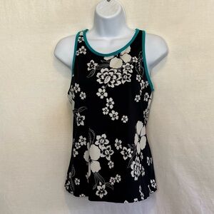 A-143 Tropical Escape Floral Black and White Lined Swim Top Size 10